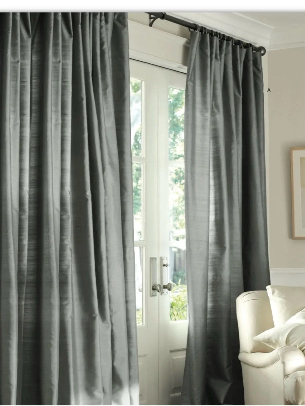 Pottery Barn Dupioni Silk Drapes in Blue Dawn and Brownstone